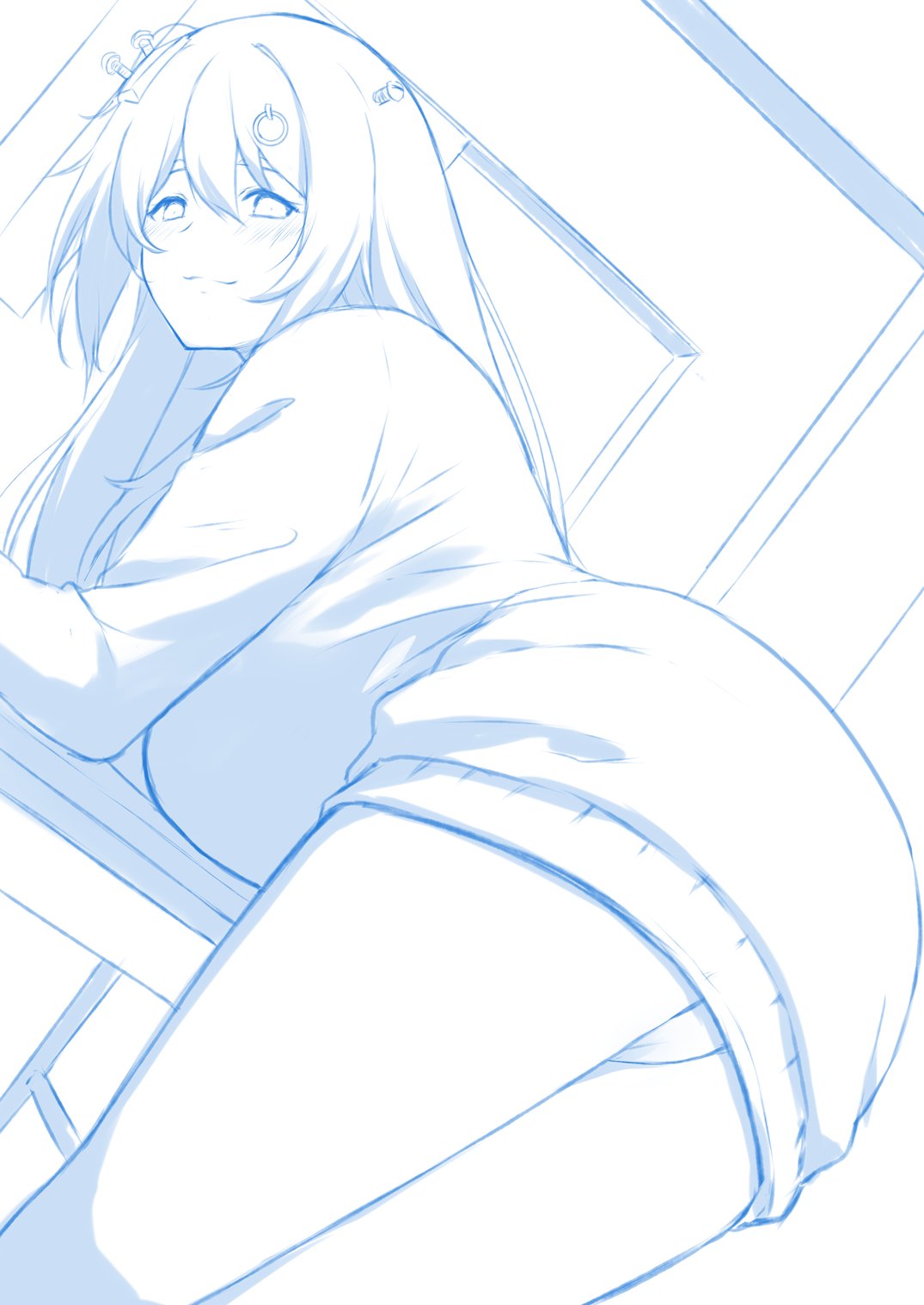 1girl, ass, bangs, bent_over, breasts, english_commentary, eyebrows_behind_hair, highres