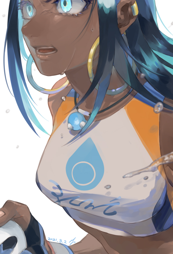 1girl, black_hair, blue_eyes, blue_hair, breasts, commentary, dark_skin, dark-skinned_female, dated, dynamax_band, ear_piercing, earrings, eyelashes, gloves, gym_leader, holding, hoop_earrings, jewelry, long_hair, multicolored_hair, necklace, nessa_(pokemon), open_mouth, partially_fingerless_gloves, piercing, pokemon, pokemon_(game), pokemon_swsh, signature, simple_background, solo, teeth, tongue, two-tone_hair, water_drop, wet, white_background, yu_ikedon