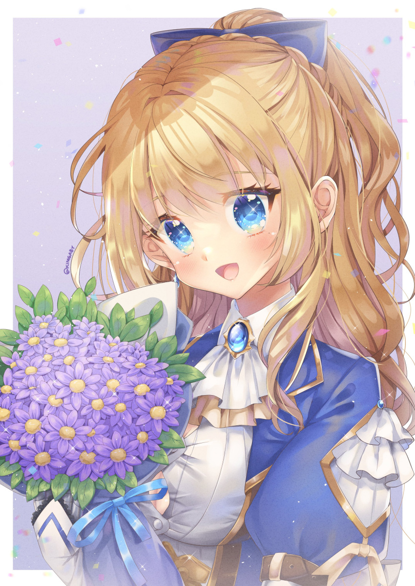 1girl, absurdres, ascot, bangs, blonde_hair, blue_bow, blue_eyes, blush