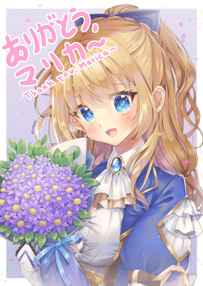 1girl, absurdres, ascot, bangs, blonde_hair, blue_bow, blue_eyes, blush