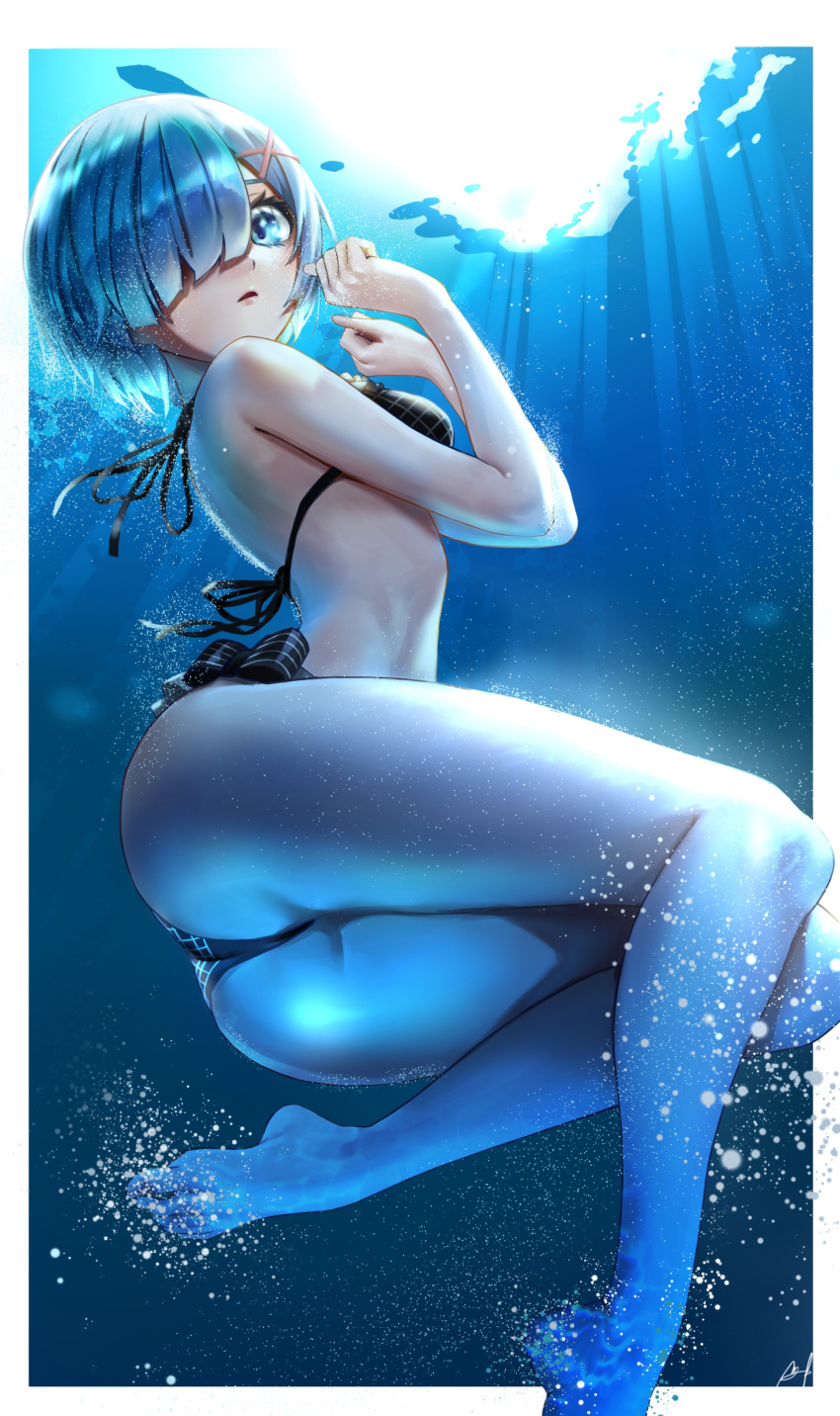 1girl, absurdres, air_bubble, bikini, black_bikini, blue_eyes, blue_hair, bubble