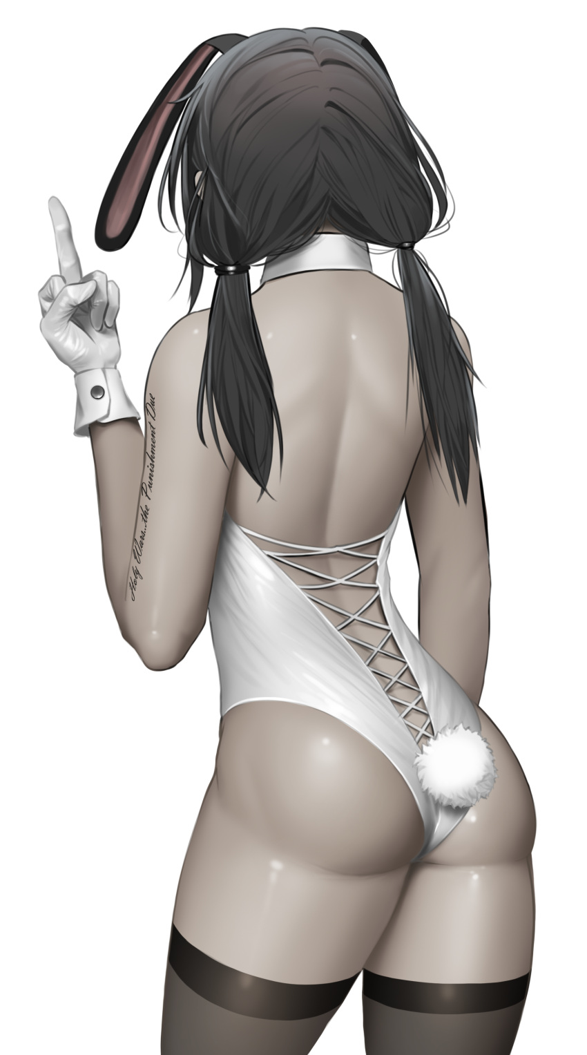 1girl, absurdres, animal_ears, ass, backless_leotard, black_hair, black_legwear, bunny_tail