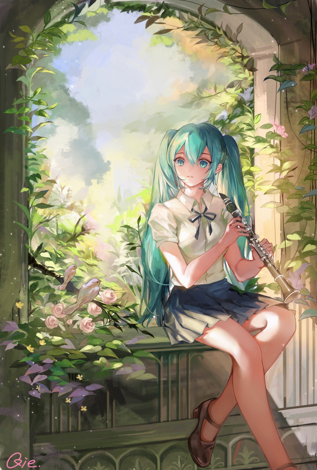 1girl, aqua_hair, bangs, bird, black_ribbon, blue_eyes, blue_skirt, brown_footwear