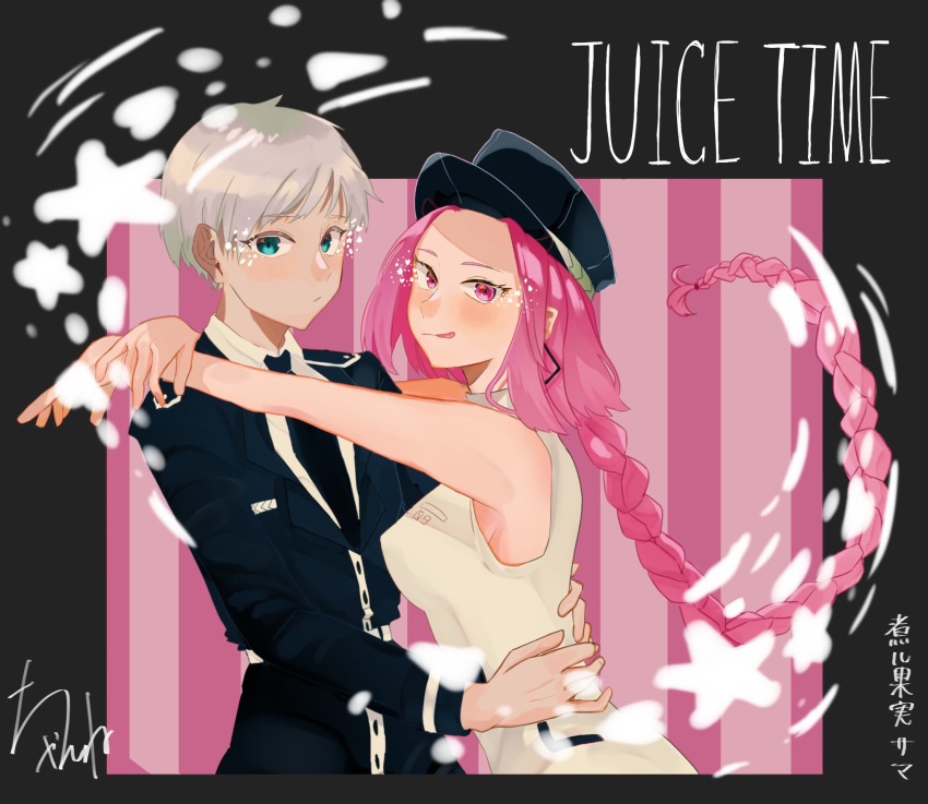 2girls, androgynous, arms_around_neck, arms_around_waist, blush, braid, clay_pool, earrings