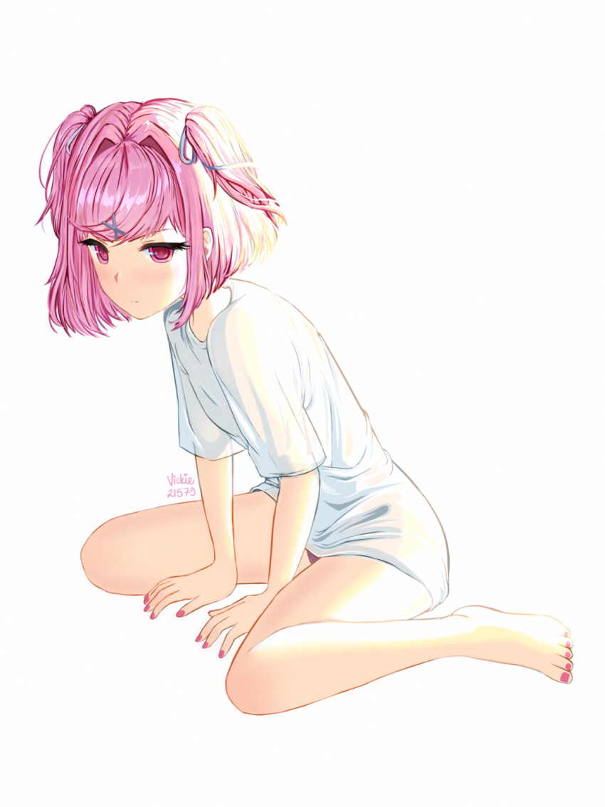 1girl, artist_name, bangs, bare_legs, barefoot, closed_mouth, commentary, doki_doki_literature_club