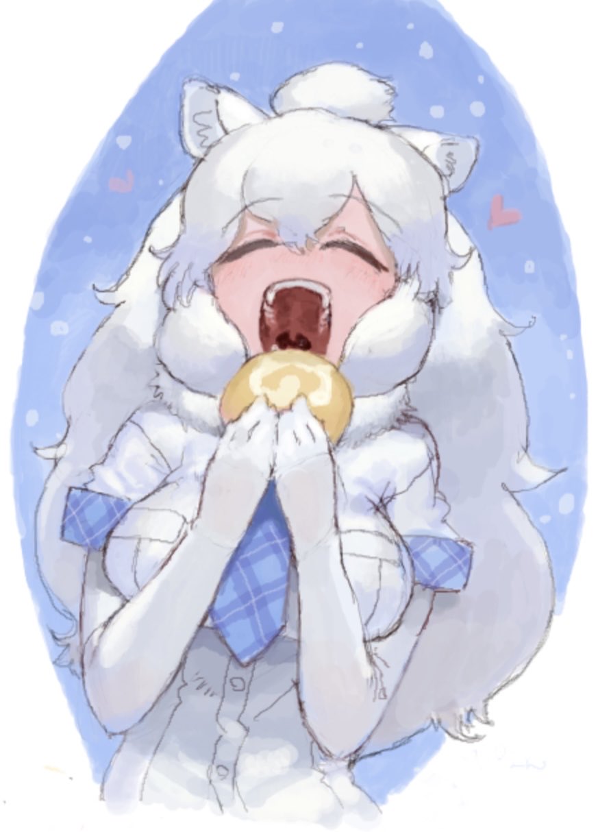 1girl, animal_ears, big_hair, blue_neckwear, closed_eyes, commentary_request, eating, elbow_gloves