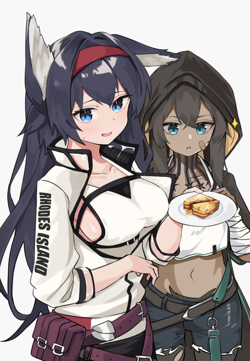2girls, animal_ears, arknights, baklava, bandages, bandaid, bandaid_on_face, bangs