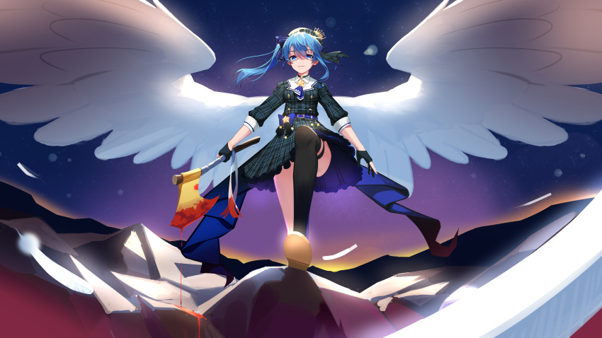 1girl, absurdres, ascot, asymmetrical_hair, asymmetrical_legwear, axe, belt, belt_buckle, beret, blood, blood_stain, bloody_axe, blouse, blue_belt, blue_dress, blue_eyes, blue_hair, blue_headwear, blue_ribbon, breasts, buckle, buttons, chinese_commentary, commentary_request, crown, dress, eyebrows_visible_through_hair, fingerless_gloves, gloves, grey_blouse, grey_dress, hat, highres, holding, holding_axe, hololive, hoshimachi_suisei, looking_at_viewer, medium_hair, medium_skirt, mountain, night, night_sky, ribbon, shaded_face, shoes, side_ponytail, skirt, sky, small_breasts, soles, solo, star_(sky), star_(symbol), stepping, thigh-highs, thighs, virtual_youtuber, white_wings, wings, yueye_(blbl-y)