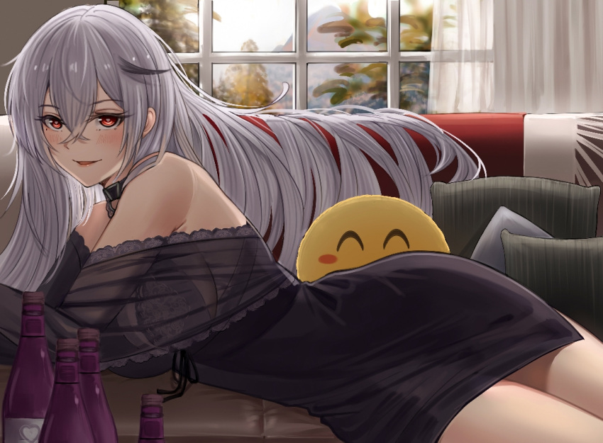1girl, azur_lane, black_choker, black_nightgown, blush, bottle, bra, breasts