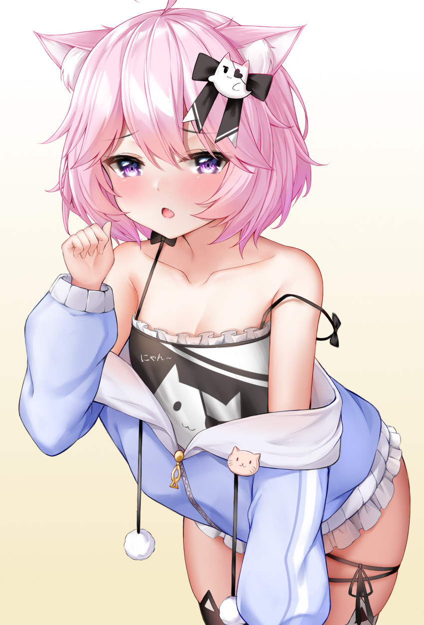 1girl, absurdres, ahoge, animal_ears, breasts, cat_ears, dombear, gradient