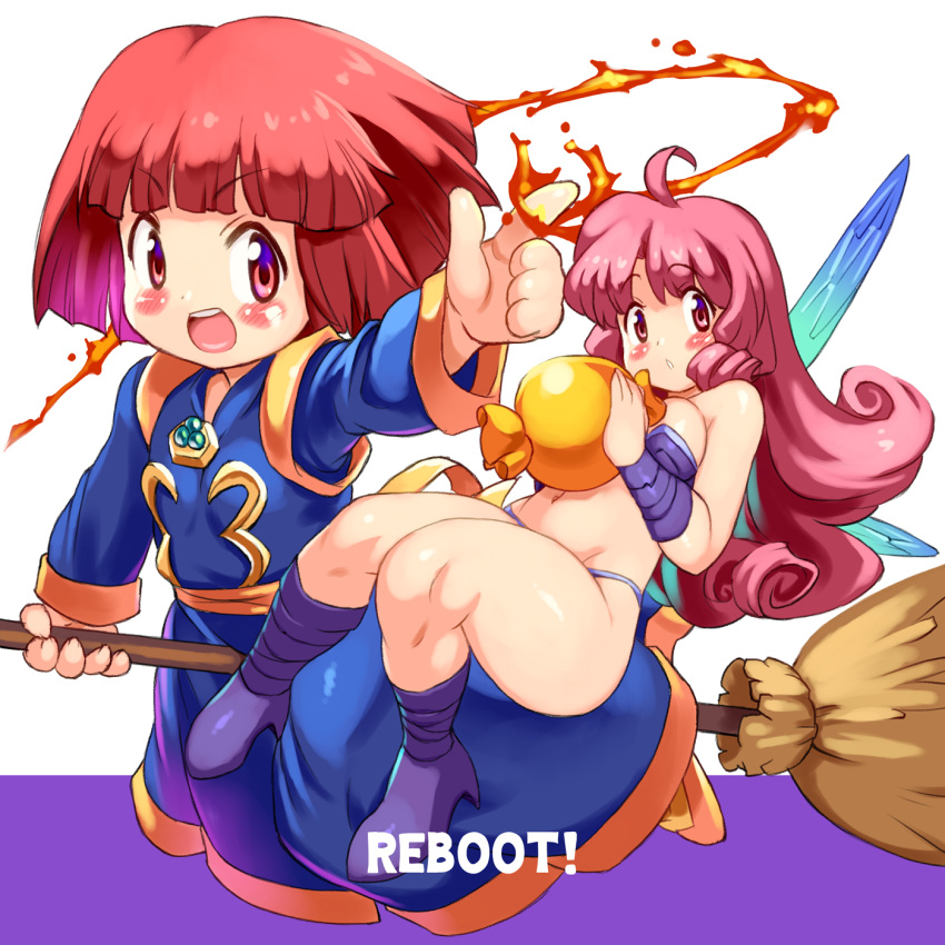 2girls, :d, bikini, blue_dress, blush, breasts, broom, broom_riding