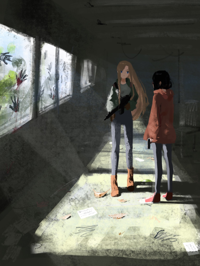 2girls, black_hair, blonde_hair, denim, europe_europa, full_body, gun, highres