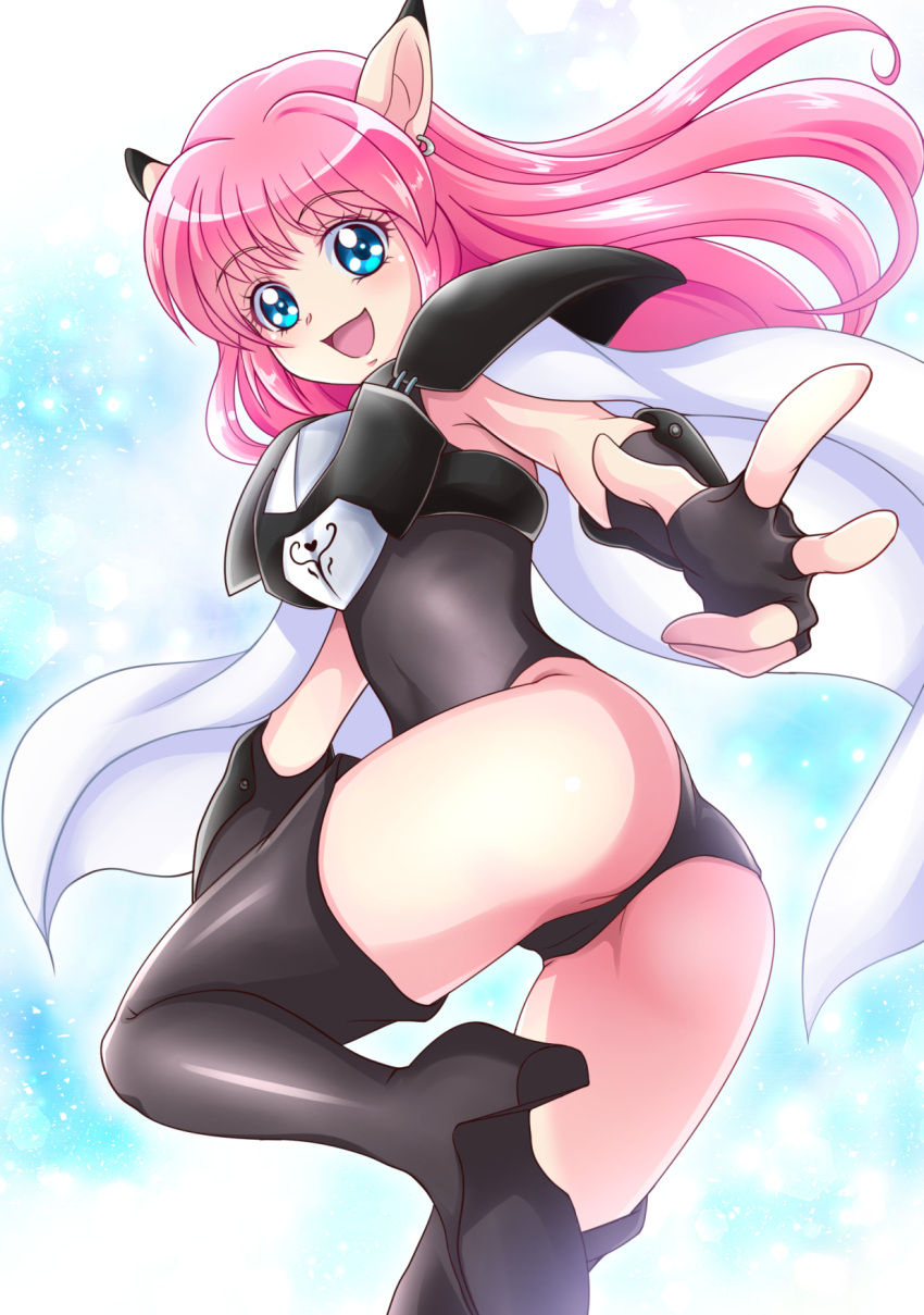 1girl, :d, armor, armored_leotard, ass, black_armor, black_footwear, black_gloves