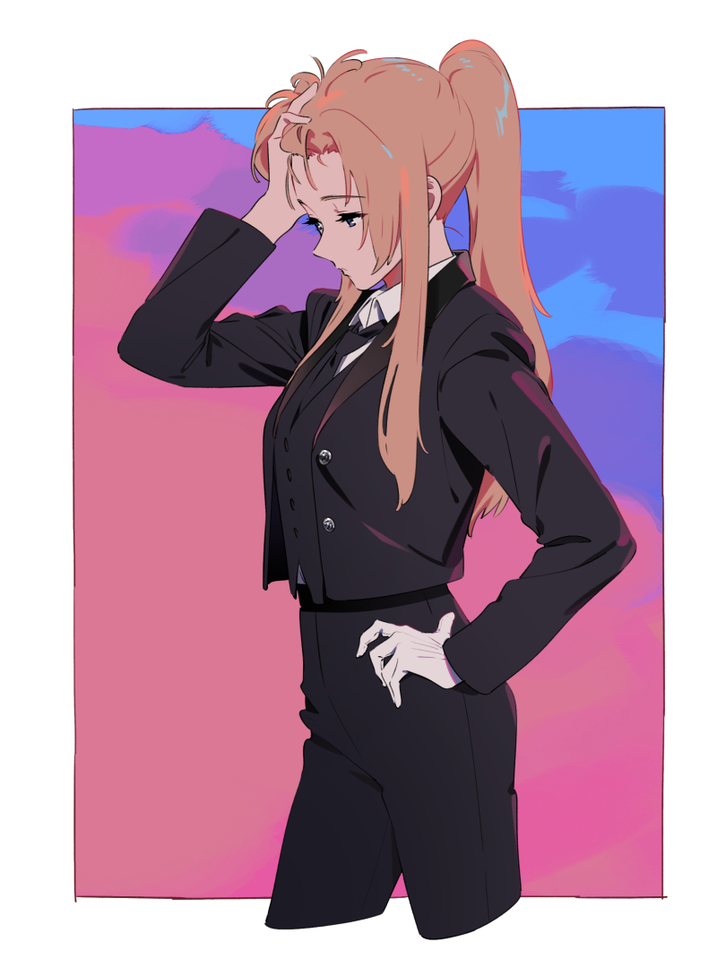 1girl, blonde_hair, crossdressinging, gloves, hand_in_hair, hand_on_hip, kamo_kamen, long_hair