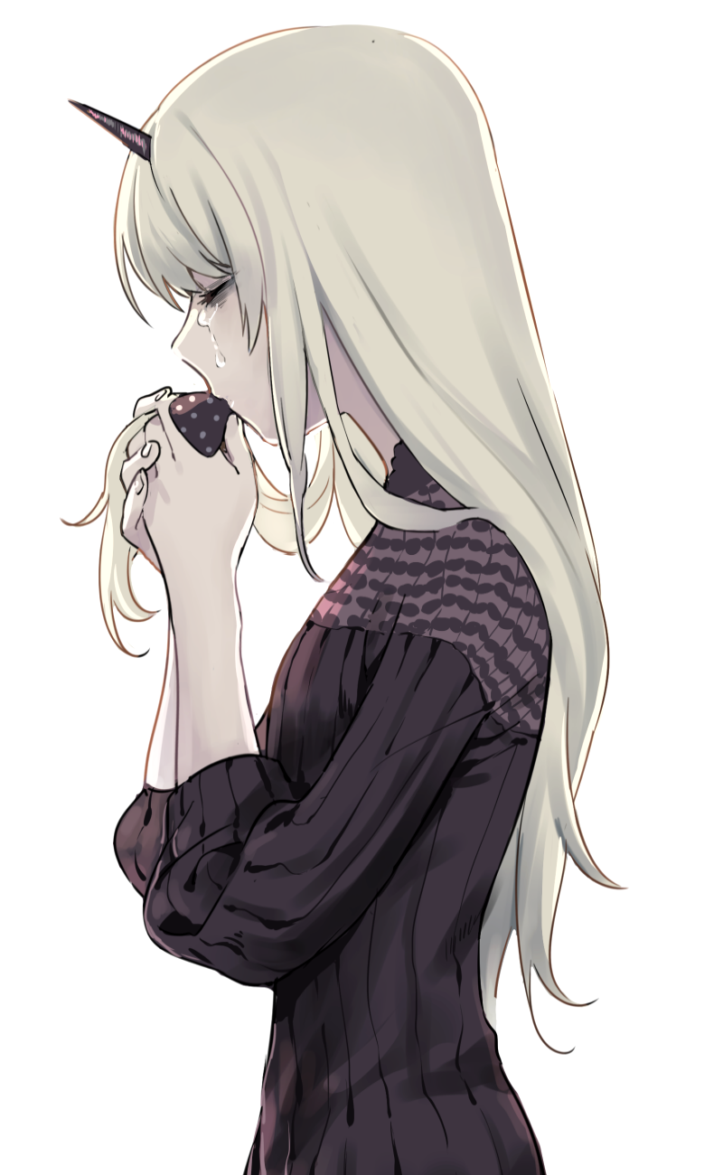 1girl, albino, bags_under_eyes, black_dress, bow, closed_eyes, dashi_(minzoku_gb), dress, eyelashes, fate/grand_order, fate_(series), from_side, hair_between_eyes, hair_strand, highres, holding, holding_bow, horns, kiss, lace, lace_dress, lavinia_whateley_(fate), long_hair, long_sleeves, pale_skin, polka_dot, polka_dot_bow, ribbed_dress, sad, sidelocks, simple_background, single_horn, skinny, sleeves_past_elbows, solo, tears, white_background, white_hair