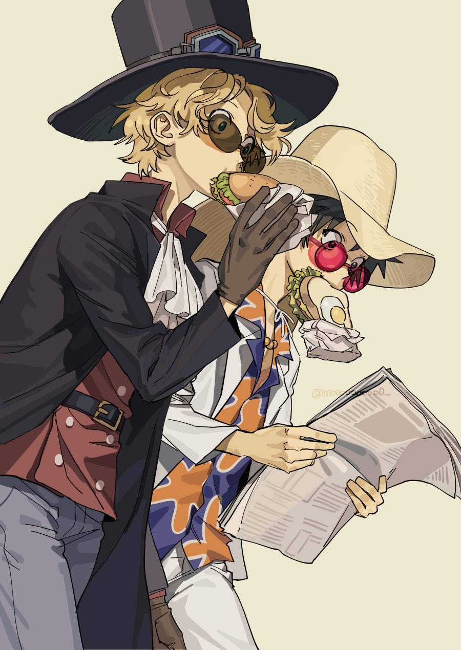 2boys, artist_name, bead_necklace, beads, belt, belt_buckle, black_belt, black_coat, black_hair, black_headwear, blonde_hair, blue_eyes, brown_gloves, buckle, buttons, coat, collared_shirt, cravat, double-breasted, eating, eyebrows_visible_through_hair, eyebrows_visible_through_hat, food, food_in_mouth, gloves, goggles, goggles_on_headwear, grey_eyes, hat, hat_around_neck, hawaiian_shirt, highres, holding, holding_newspaper, jacket, jewelry, lapel, long_sleeves, looking_to_the_side, male_focus, monkey_d_luffy, mouth_hold, mulso, multiple_boys, necklace, newspaper, one_piece_film_gold, reading, red-tinted_eyewear, red_shirt, round_eyewear, sabo_(one_piece), sandwich, scar, scar_on_face, shirt, short_hair, sideways_glance, simple_background, straw_hat, sun_hat, sunglasses, tinted_eyewear, top_hat, twitter_username, wavy_hair, white_jacket, white_neckwear