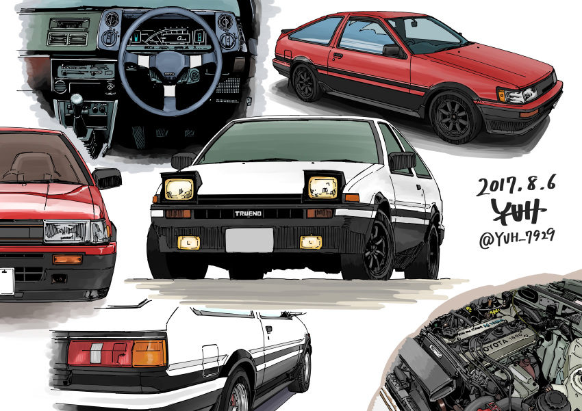 absurdres, artist_name, car, dated, engine, ground_vehicle, highres, motor_vehicle, multiple_views, no_humans, original, shadow, steering_wheel, toyota, toyota_corolla_levin, toyota_sprinter_trueno, vehicle_focus, vehicle_interior, yuh_7929