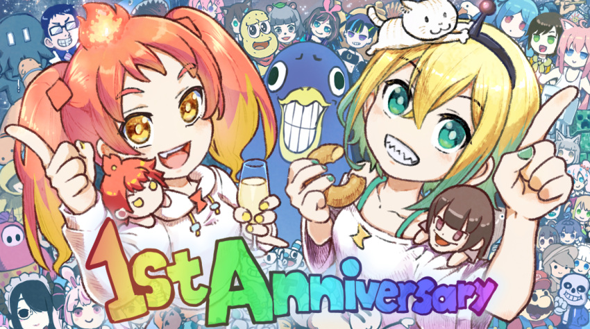 2others, 6+boys, 6+girls, amano_pikamee, among_us, animal_ears, anniversary, annotation_request, artemis_of_the_blue, atelier_live, bangs, bird, blonde_hair, blue_eyes, brown_hair, cat, cat_ears, champagne_flute, character_request, copyright_request, creeper, crewmate_(among_us), crossover, cup, cuphead, cuphead_(game), dark-skinned_female, dark_skin, dark_souls, diogenes_(getting_over_it), doughnut, drinking_glass, everyone, facial_hair, fall_guy, fall_guys, fire, flame, food, fuzuki_miki, getting_over_it, ghast, goose_(untitled_goose_game), gradient_hair, green_hair, green_nails, gyari_(bird), hikasa_shikatarou, hikasa_tomoshika, holding, holding_cup, holostars, horns, indie_virtual_youtuber, itou_life_(vtuber), kizuna_ai_(a.i._games), kizuna_ai_inc., luigi, lyrica_(vtuber), mario, minecraft, mint_fantome, mocca_liebeskind, mugman, multicolored_hair, multiple_boys, multiple_girls, multiple_others, mustache, nerine_(vtuber), niwashidori_maki, open_mouth, partially_annotated, pink_hair, pointing, pointing_up, raze_(valorant), redhead, ryusei_nova, sans_(undertale), socks_(amano_pikamee), solaire_of_astora, souls_(from_software), streaked_hair, super_mario_bros., twintails, undertale, untitled_goose_game, valorant, virtual_youtuber, voms, yukoku_roberu