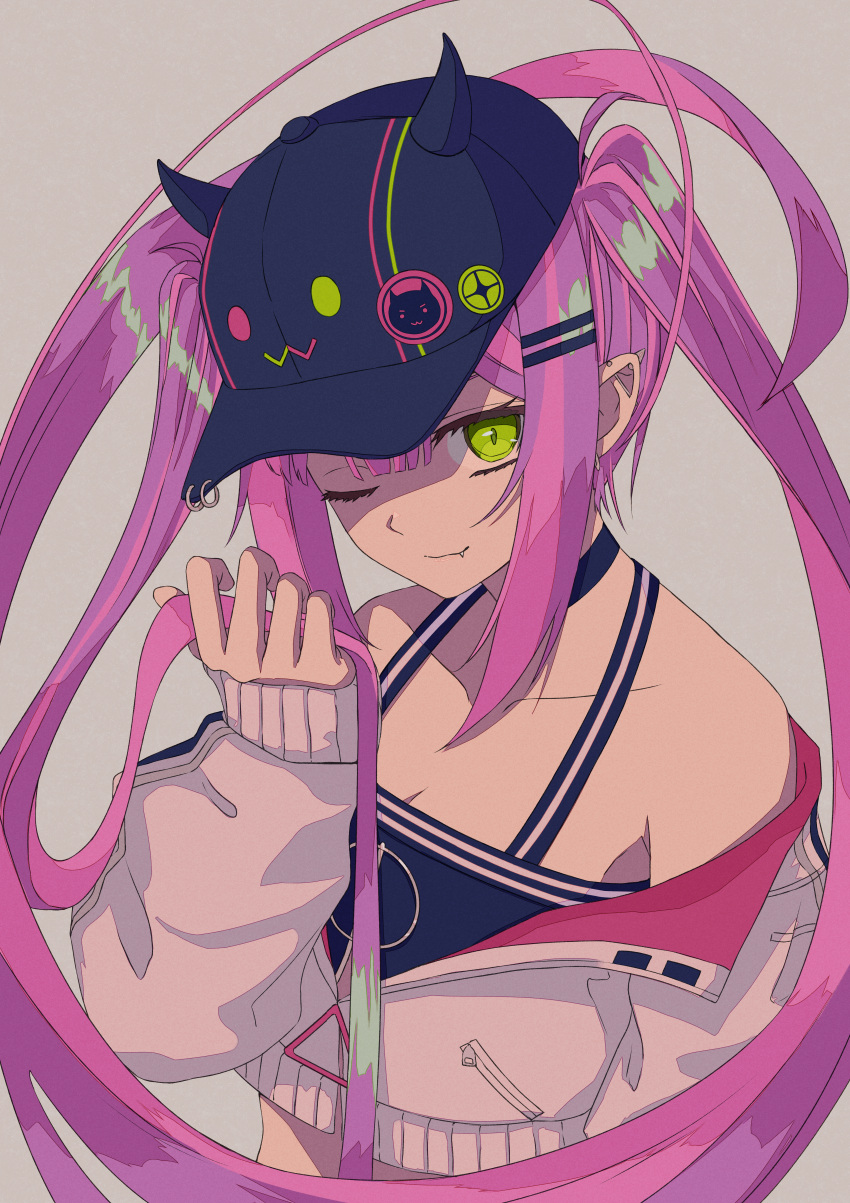 1girl, ;), absurdres, baseball_cap, bibi_(tokoyami_towa), black_headwear, black_tank_top, closed_mouth