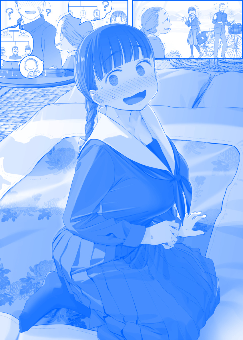 2boys, 2girls, @_@, bangs, bicycle, blue_theme, blunt_bangs, breasts