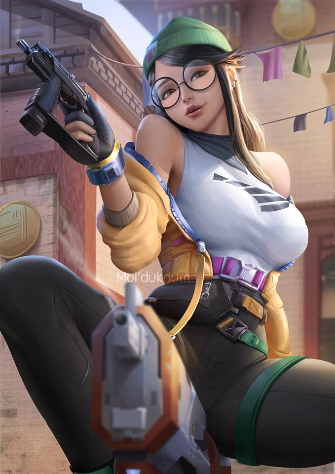 1girl, artist_name, bangs, beanie, black_hair, black_pants, breasts, brown_eyes, ear_piercing, green_headwear, gun, hair_behind_ear, hat, high-waist_pants, holding, holding_gun, holding_weapon, jacket, killjoy_(valorant), looking_down, medium_breasts, moi'dukdum, open_mouth, pants, piercing, round_eyewear, smile, smoke, smoking_gun, solo, submachine_gun, turret, valorant, weapon, yellow_jacket