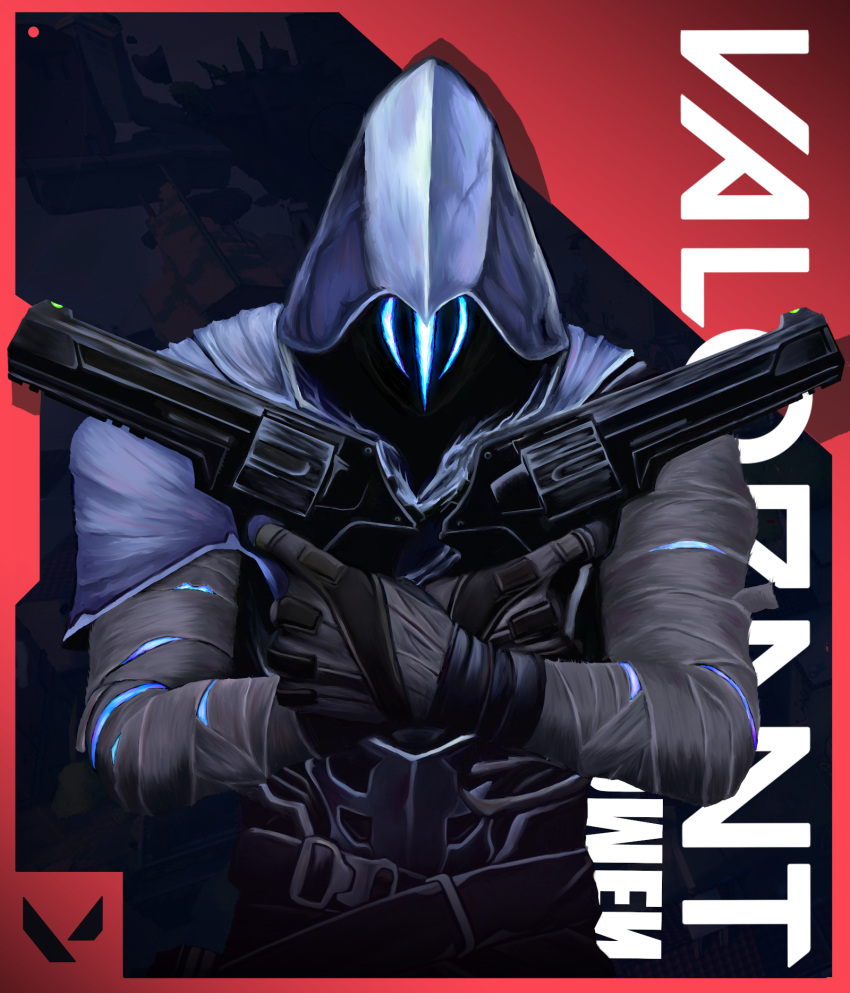 1boy, blue_cloak, character_name, cloak, copyright_name, daizu_(user_dgeg3728), dual_wielding, gun