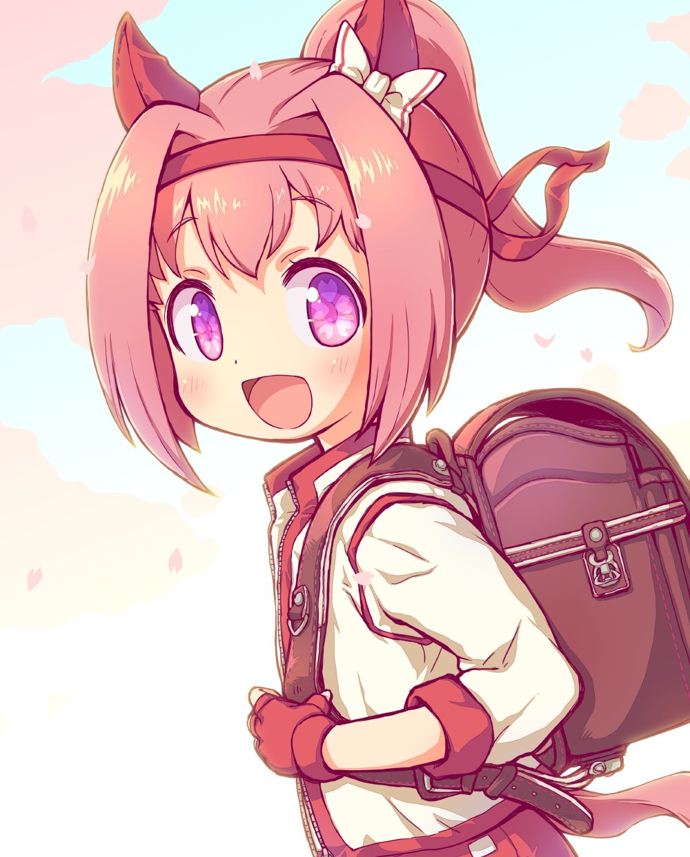 1girl, :d, animal_ears, backpack, bag, bangs, blush, bow