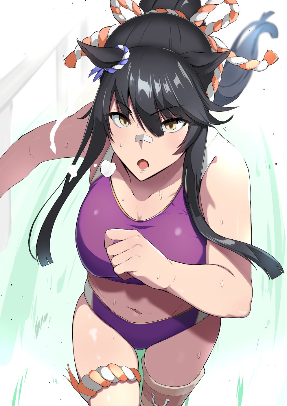 1girl, 298yenomiso, animal_ears, black_hair, breasts, highres, horse_ears, long_hair, narita_brian, navel, ponytail, running, solo, sweat, track_uniform, umamusume, yellow_eyes