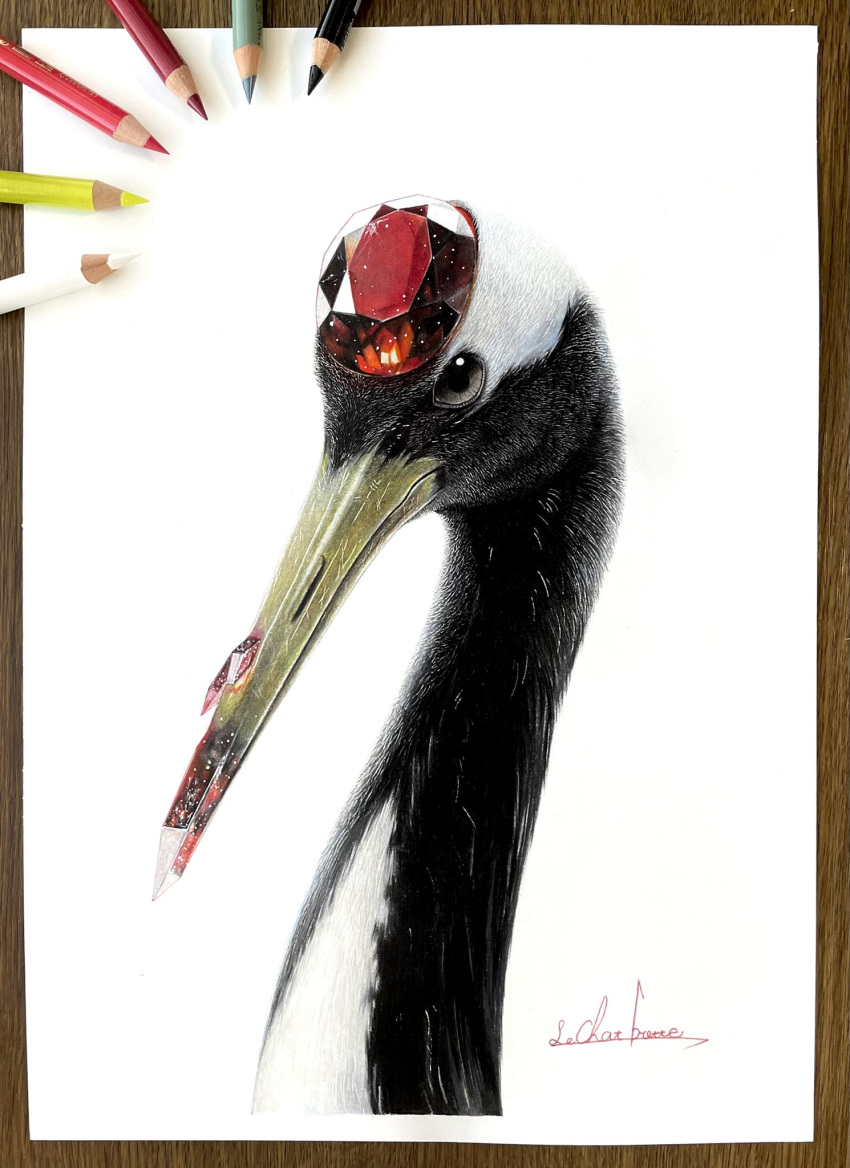 animal_focus, bird, colored_pencil_(medium), crane_(animal), crystal, erumo_0384, garnet_(gemstone), highres, looking_at_viewer, no_humans, original, photo_(medium), simple_background, traditional_media, white_background