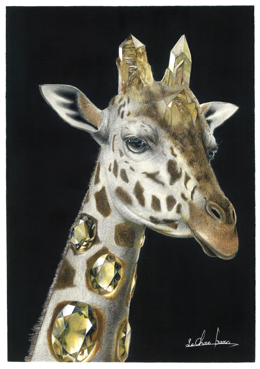 animal_focus, black_background, citrine_(gemstone), colored_pencil_(medium), crystal, erumo_0384, giraffe, highres