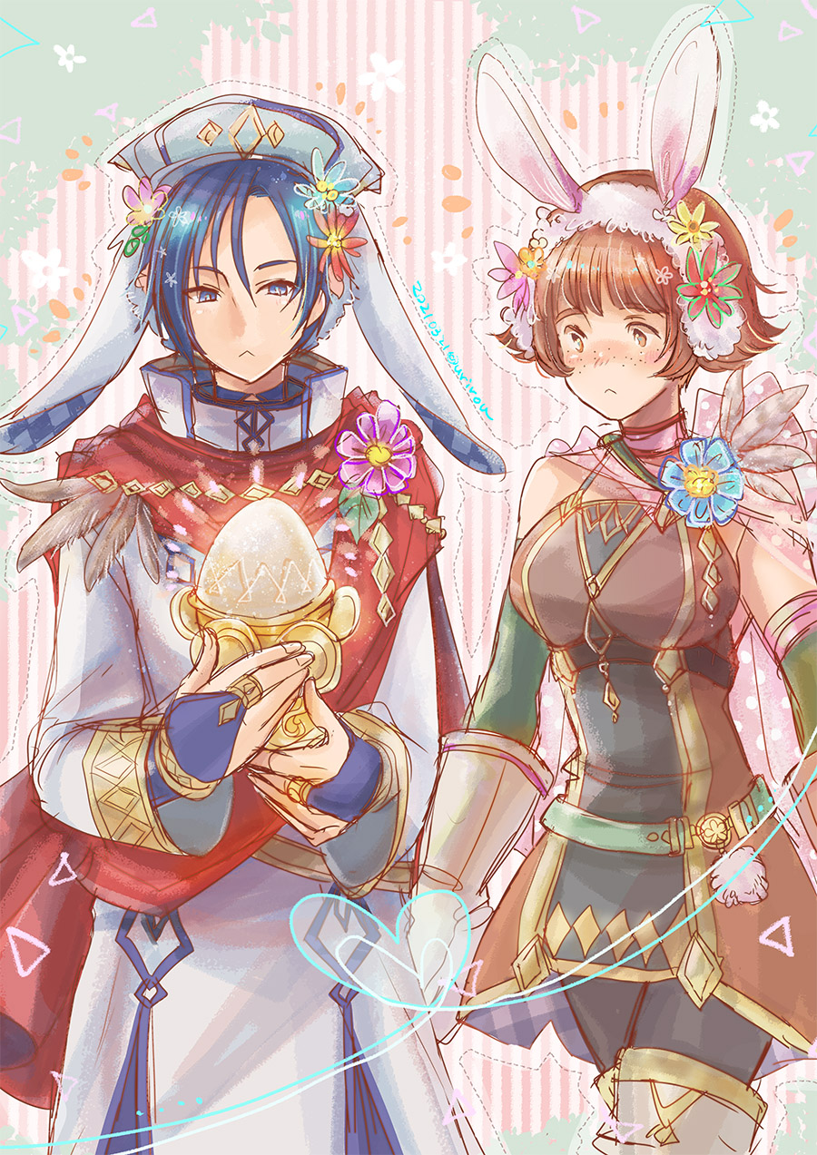 1boy, 1girl, adapted_costume, alternate_costume, animal_ears, bare_shoulders, black_legwear, blue_eyes
