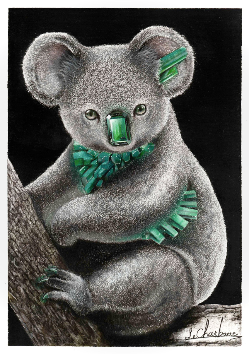 animal_focus, black_background, colored_pencil_(medium), crystal, emerald_(gemstone), erumo_0384, highres, koala