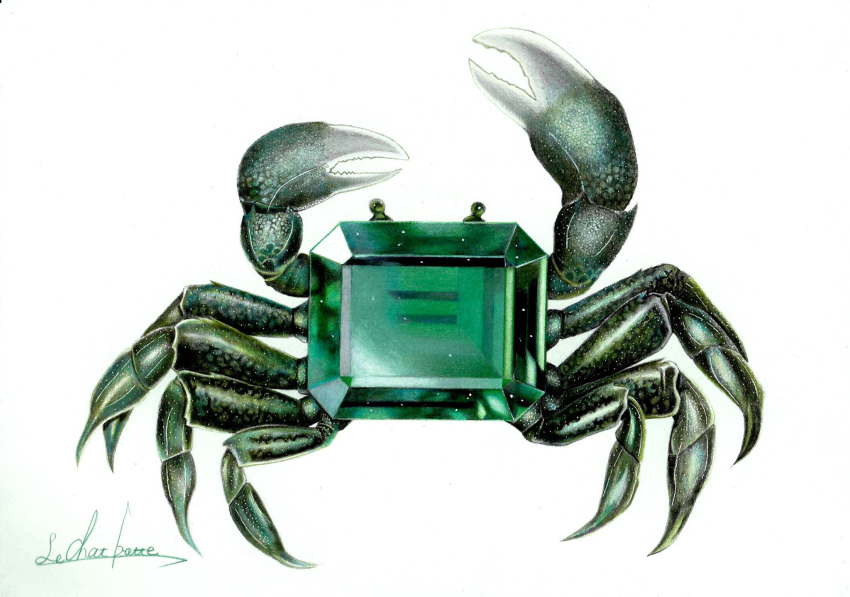 animal_focus, colored_pencil_(medium), crab, crystal, emerald_(gemstone), erumo_0384, green_theme, highres