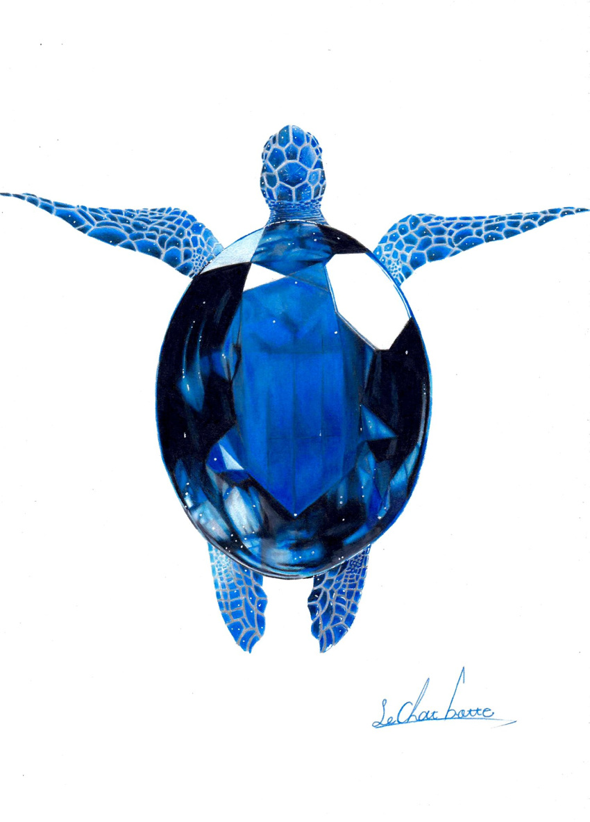 animal_focus, blue_theme, colored_pencil_(medium), crystal, erumo_0384, from_above, highres, no_humans, original, sapphire_(gemstone), shiny, signature, simple_background, traditional_media, turtle, white_background