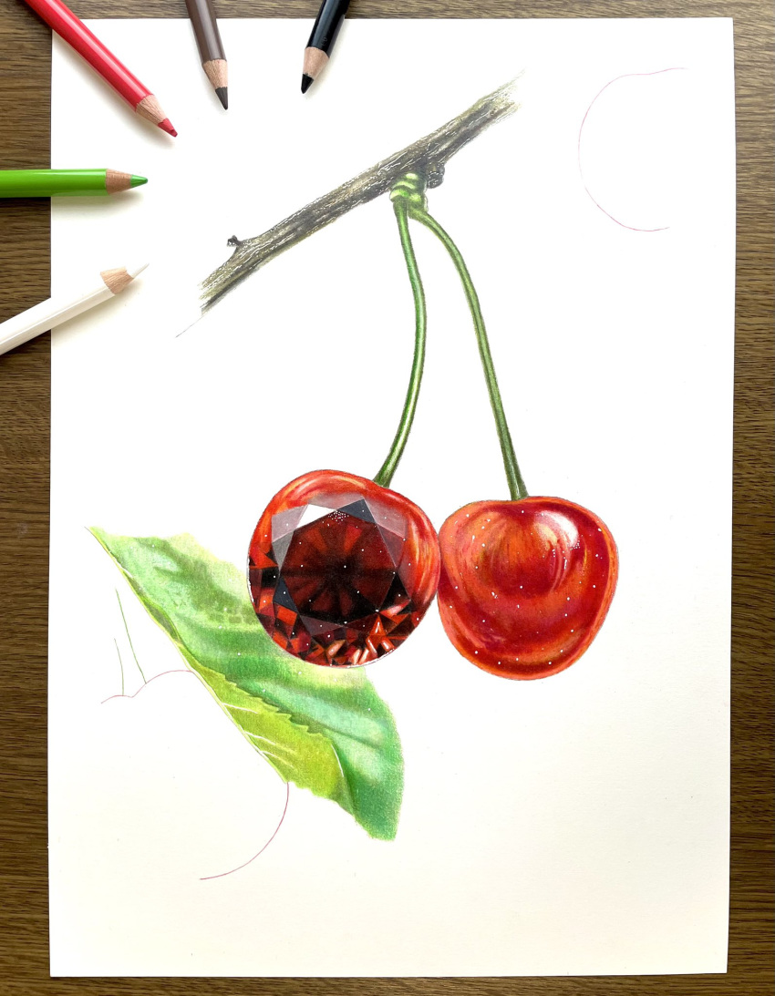 branch, cherry, colored_pencil_(medium), crystal, erumo_0384, food, fruit, garnet_(gemstone), highres, leaf, no_humans, original, photo_(medium), plant, simple_background, traditional_media, white_background