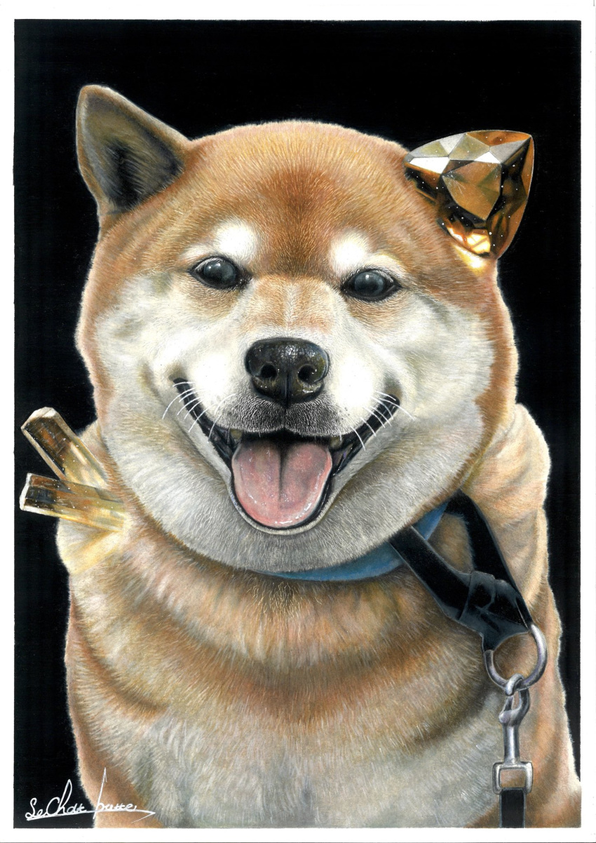 animal_focus, black_background, colored_pencil_(medium), crystal, dog, erumo_0384, highres, looking_at_viewer, no_humans, open_mouth, original, shiba_inu, simple_background, tongue, tongue_out, tourmaline_(gemstone), traditional_media