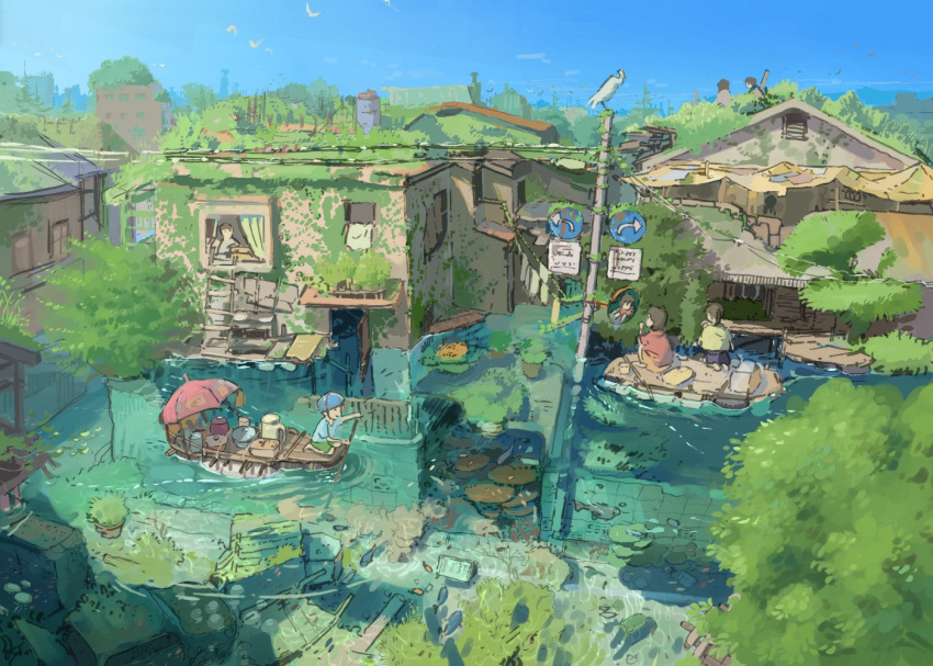 asobizukuri, blue_shirt, blue_sky, brown_hair, building, day, fish, flood