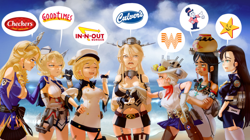 6+girls, arizona_(azur_lane), azur_lane, beach, blonde_hair, breasts, california_(azur_lane), character_request