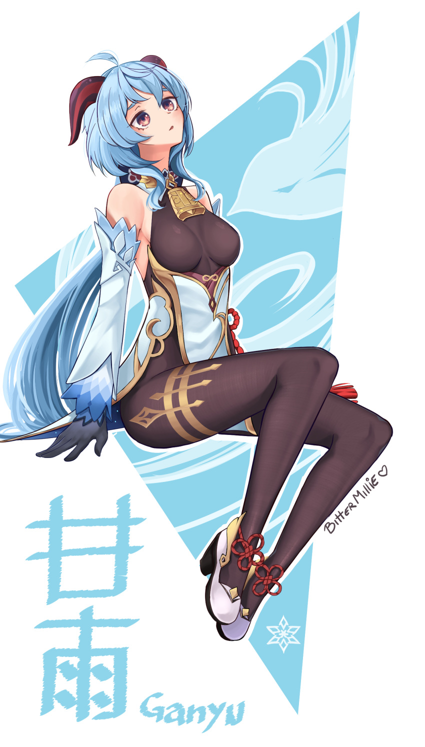 1girl, absurdres, ahoge, arm_support, artist_name, bell, black_gloves, blue_hair