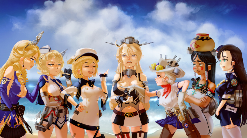 6+girls, arizona_(azur_lane), azur_lane, beach, blonde_hair, breasts, california_(azur_lane), character_request