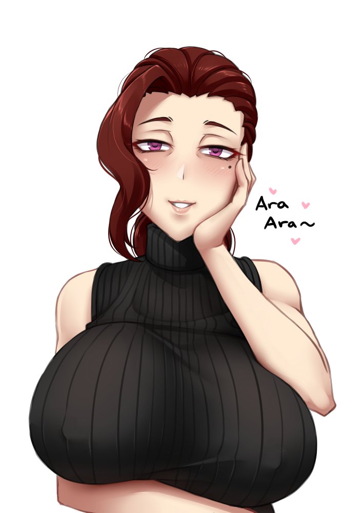 1girl, ara_ara, arm_under_breasts, ayako_(twrlare), bare_arms, bare_shoulders, blush, breasts