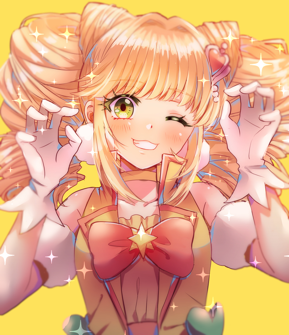 1girl, arm_strap, blonde_hair, bow, choker, collarbone, cure_sparkle, gloves