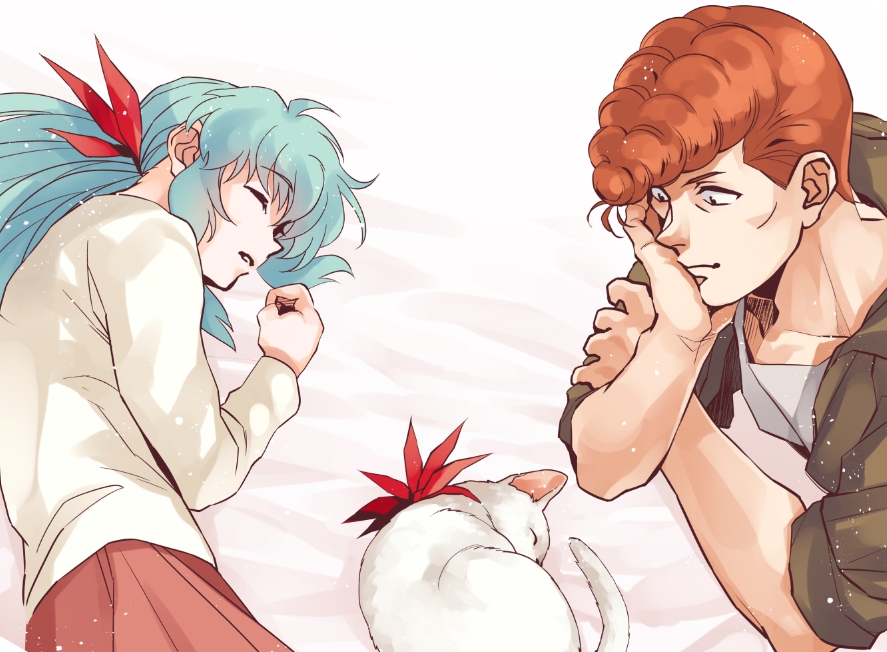 1boy, 1girl, bangs, blue_hair, bow, brown_hair, brown_jacket, cat