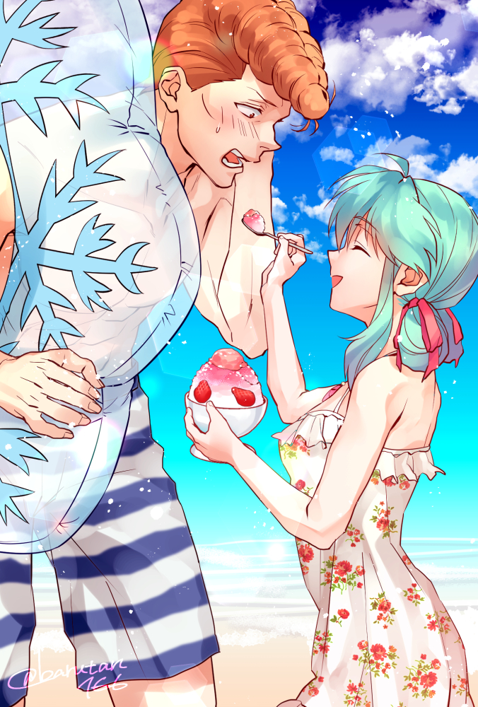 1boy, 1girl, :d, beach, blue_hair, blue_sky, blush, brown_hair, closed_eyes, clouds, collarbone, couple, dress, floral_print, from_side, hair_ribbon, height_difference, holding, holding_spoon, imuro, innertube, kuwabara_kazuma, lens_flare, long_hair, looking_at_another, ocean, open_mouth, print_dress, profile, red_ribbon, ribbon, shaved_ice, shiny, shiny_hair, sky, sleeveless, sleeveless_dress, smile, spoon, striped, striped_swimsuit, sundress, swimsuit, transparent, twitter_username, white_dress, yukina_(yuu_yuu_hakusho), yuu_yuu_hakusho