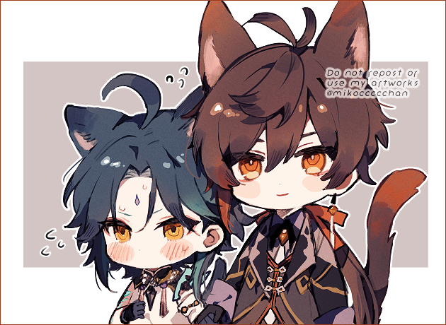 2boys, ahoge, animal_ears, antenna_hair, bangs, bead_necklace, beads, black_hair