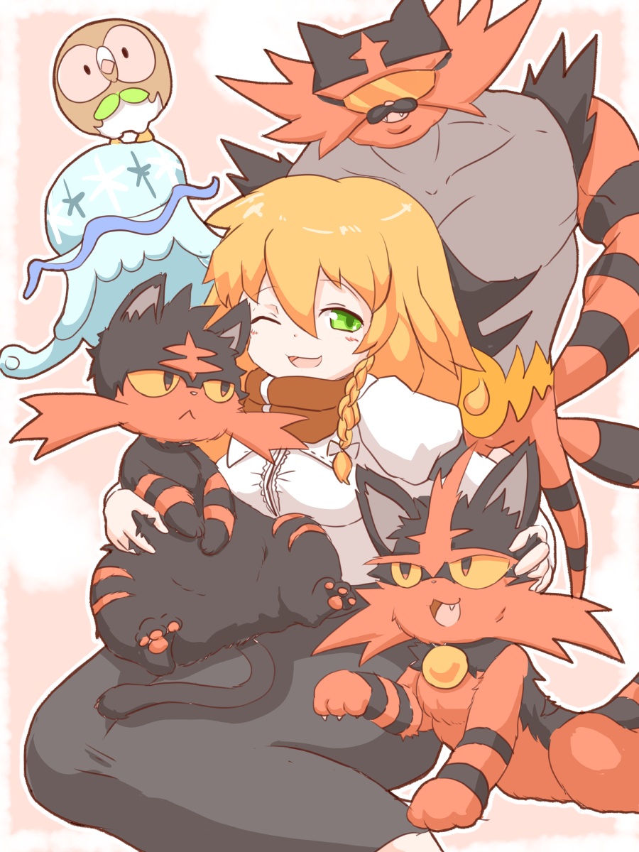 1girl, :<, bangs, bird, black_skirt, blonde_hair, blouse, blush, bow, braid, cat, closed_mouth, commentary_request, cookie_(touhou), feet_out_of_frame, gen_7_pokemon, green_eyes, hair_between_eyes, hair_bow, highres, incineroar, juliet_sleeves, kirisame_marisa, litten, long_hair, long_sleeves, looking_at_another, looking_to_the_side, manatsu_no_yo_no_inmu, mars_(cookie), open_mouth, owl, pokemon, puffy_sleeves, red_scarf, rowlet, scarf, side_braid, single_braid, skirt, standing, sunglasses, takuya_(acceed), torracat, touhou, usb_port, white_blouse, white_bow