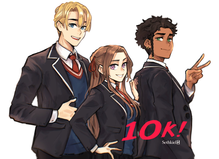 1girl, 2boys, alternate_costume, alternate_hairstyle, blonde_hair, blue_eyes, braid, brown_hair, buttons, claude_von_riegan, collared_shirt, curly_hair, dark_skin, dimitri_alexandre_blaiddyd, edelgard_von_hresvelg, eyes, fire_emblem, fire_emblem:_three_houses, green_eyes, hair_ribbon, hand_on_back, hand_on_hip, hand_on_own_stomach, highres, jacket, long_hair, looking_at_viewer, multiple_boys, necktie, open_mouth, pale_skin, ribbon, school_uniform, sethkiel, shirt, simple_background, smile, v, vest, white_background