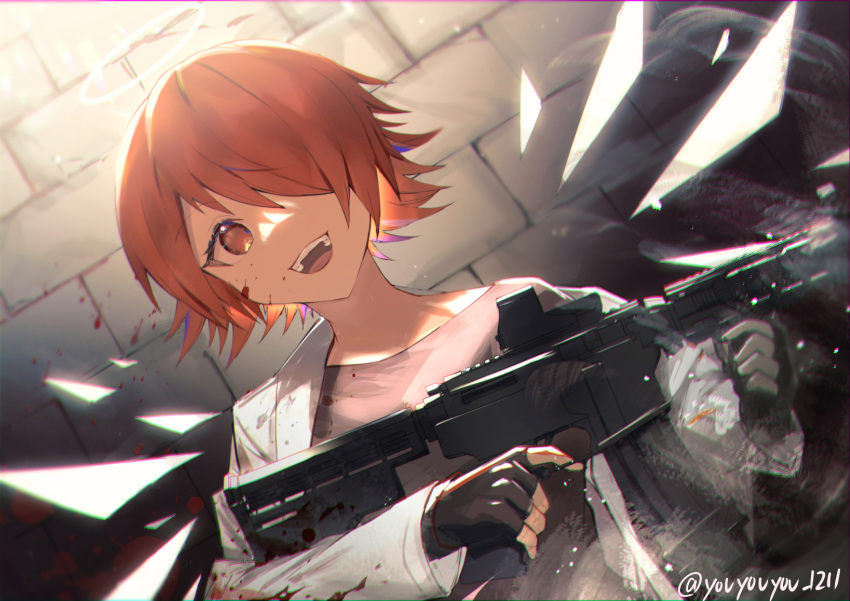 1girl, :d, arknights, assault_rifle, bangs, black_gloves, black_shirt, blood