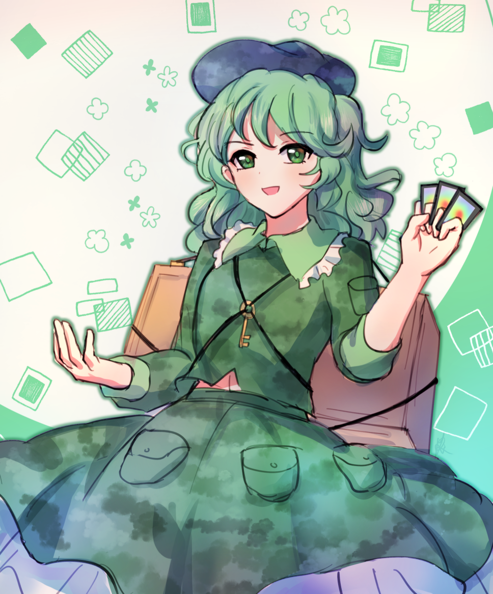 1girl, camouflage, camouflage_jacket, camouflage_skirt, card, cowboy_shot, green_eyes, green_hair