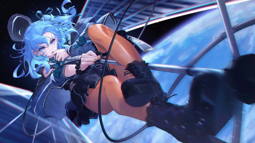1girl, action, bangs, beret, blue_eyes, blue_hair, boots, buttons